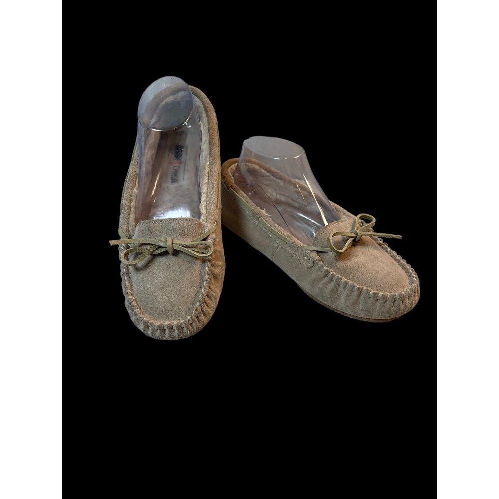 Minnetonka Kayla Suede Lined Moccasin Slippers Stone Women Size 9M
